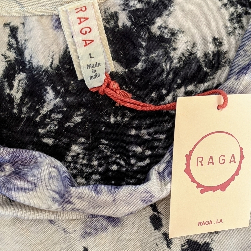 RAGA Tie Dye Top Cropped Bateau Cowl Cap Sleeve Stretch Knit White Blue M NWT - Picture 8 of 8